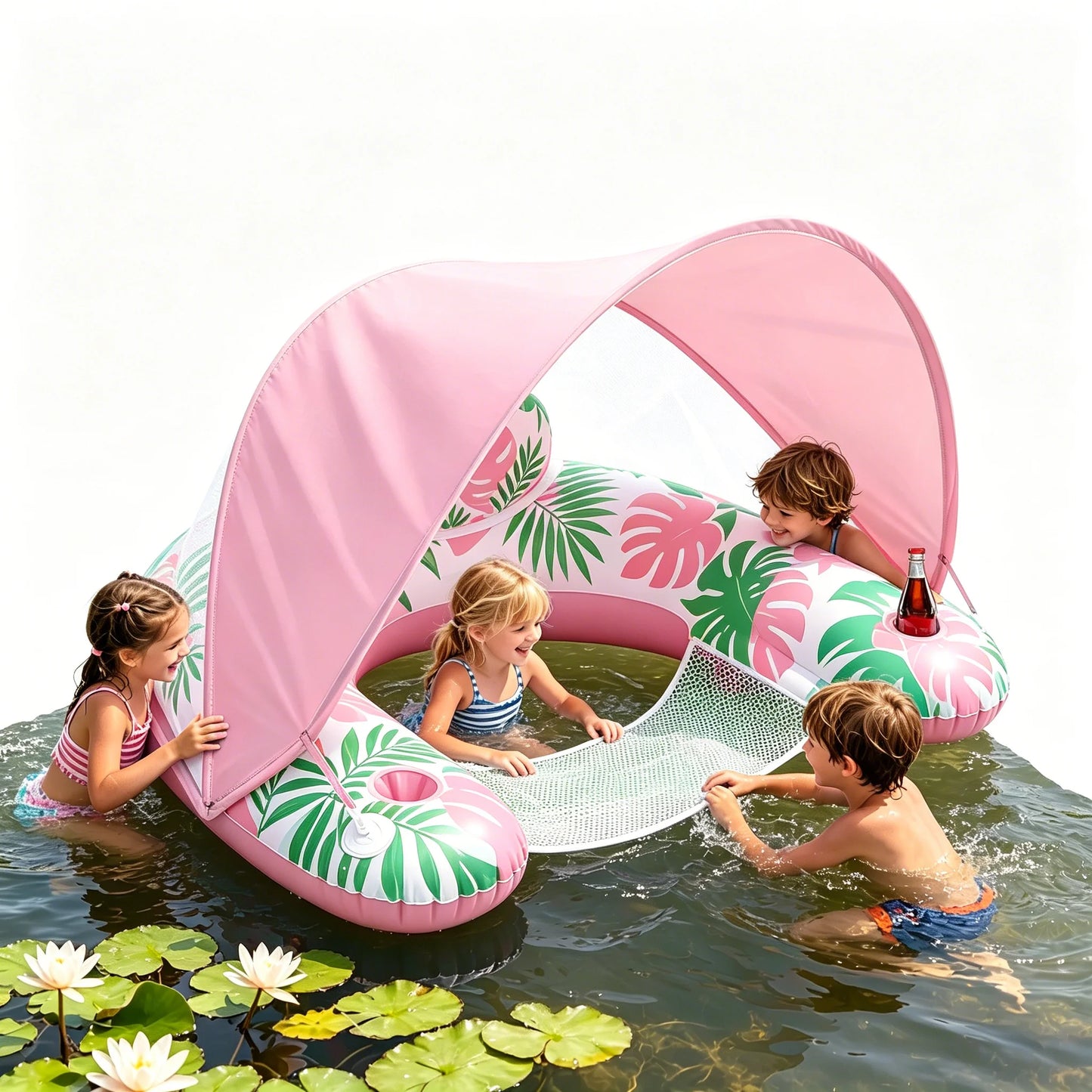 Adult Inflatable Lounge Chair with Adjustable Canopy Sun Shade, Cup and Phone Holder.