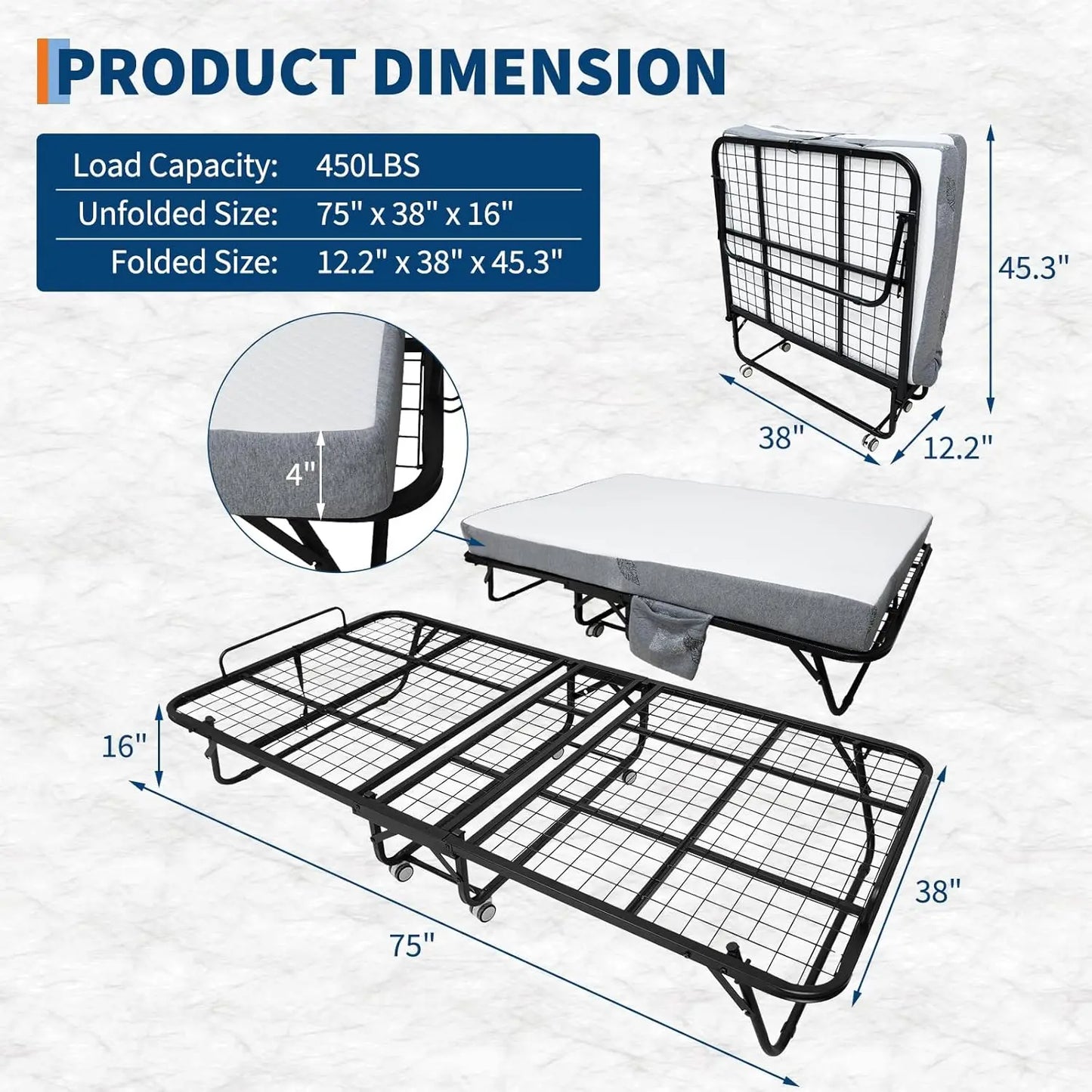 Folding Rollaway Bed with 4" Memory Foam Mattress for Adults.