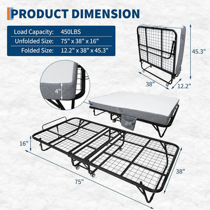 Folding Rollaway Bed with 4" Memory Foam Mattress for Adults.