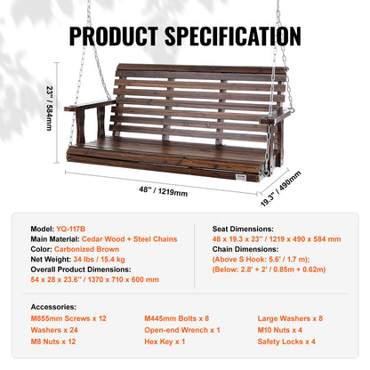 Wooden 5 ft Porch Swing  Rated For Up To 880 lbs