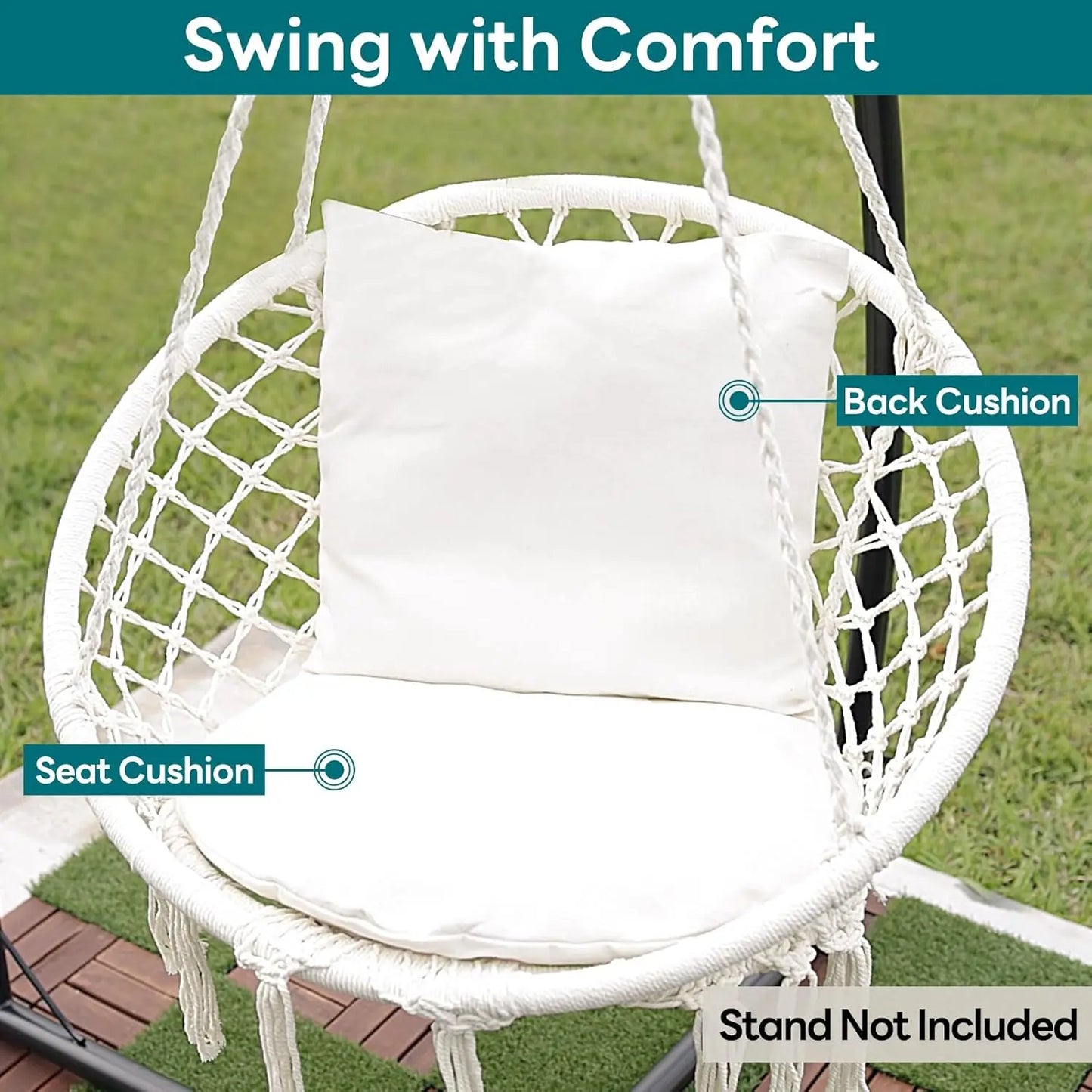 Macrame Hammock Chair Hanging Swing Chair 330 Lbs capacity with 2 Cushions and Hardware Kits