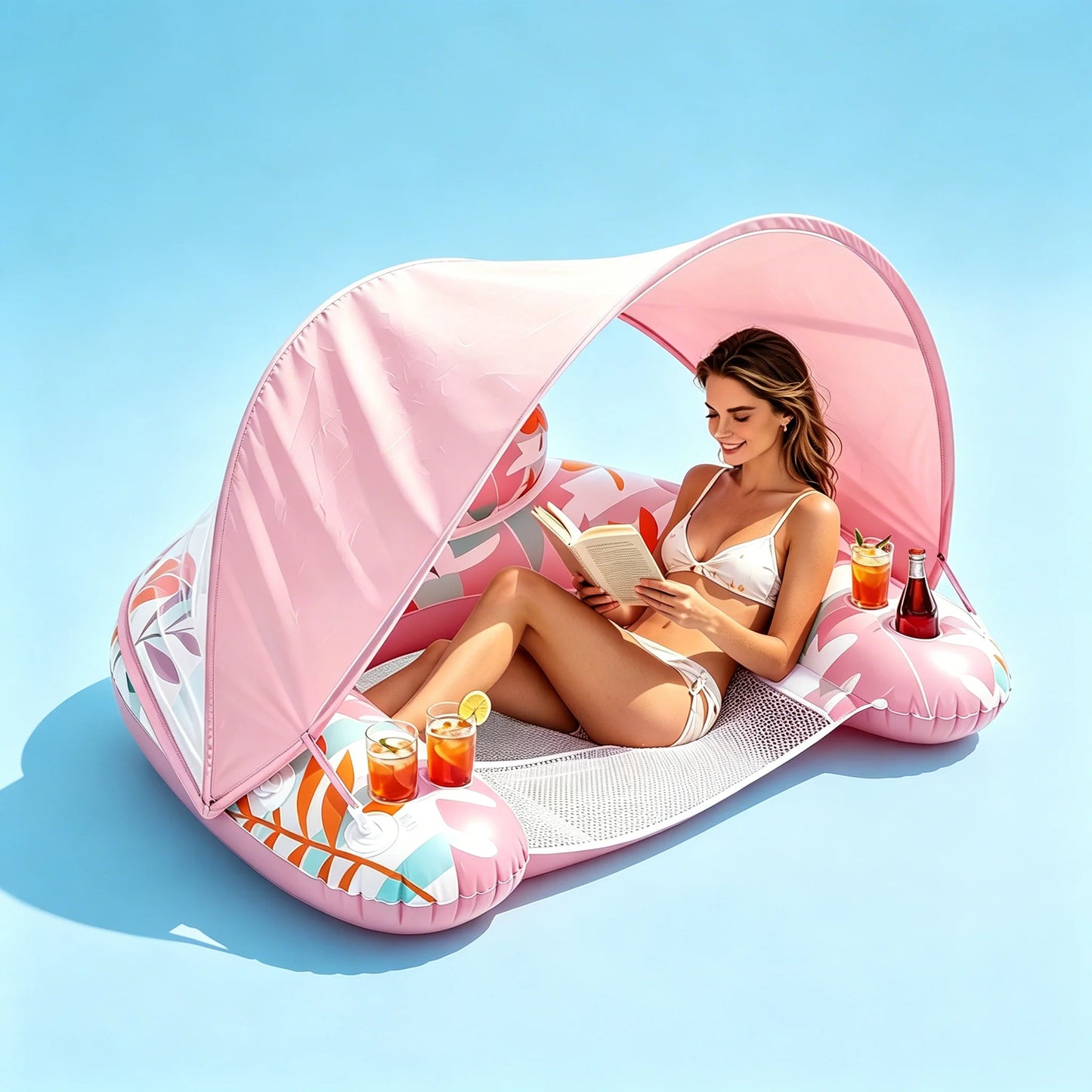 Adult Inflatable Lounge Chair with Adjustable Canopy Sun Shade, Cup and Phone Holder.