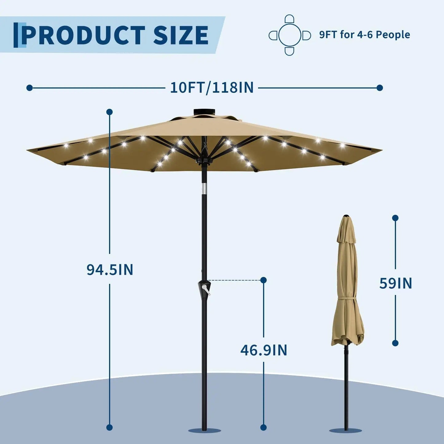 10FT Solar Powered Patio Umbrella With 32 LED Lights