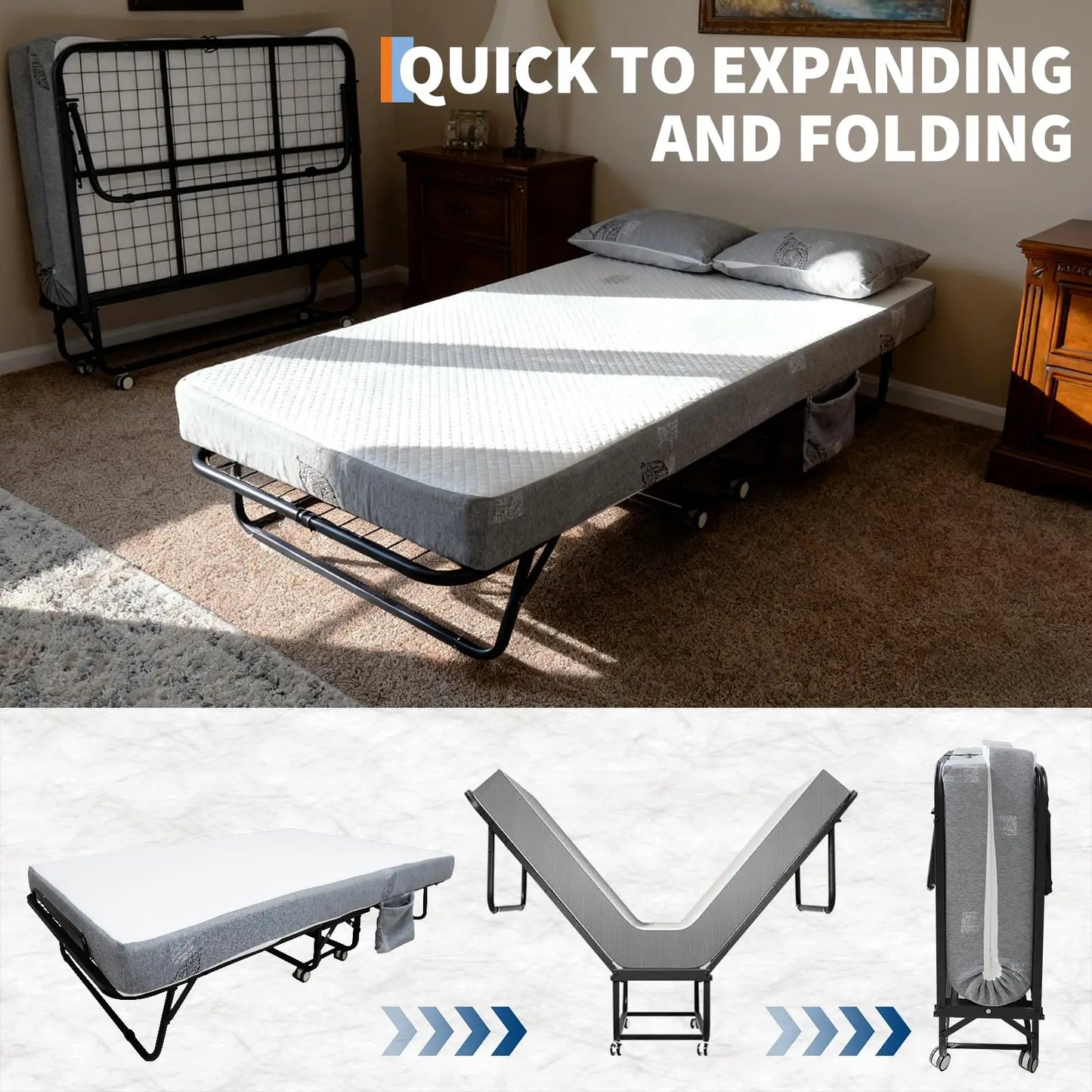 Folding Rollaway Bed with 4" Memory Foam Mattress for Adults.